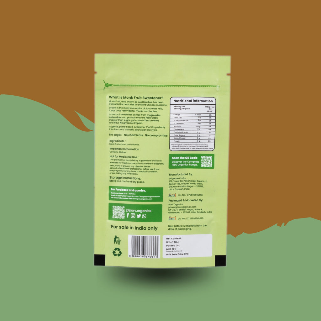 Monk Fruit Allulose Sweetener 200g – No Erythritol | Parv Organics