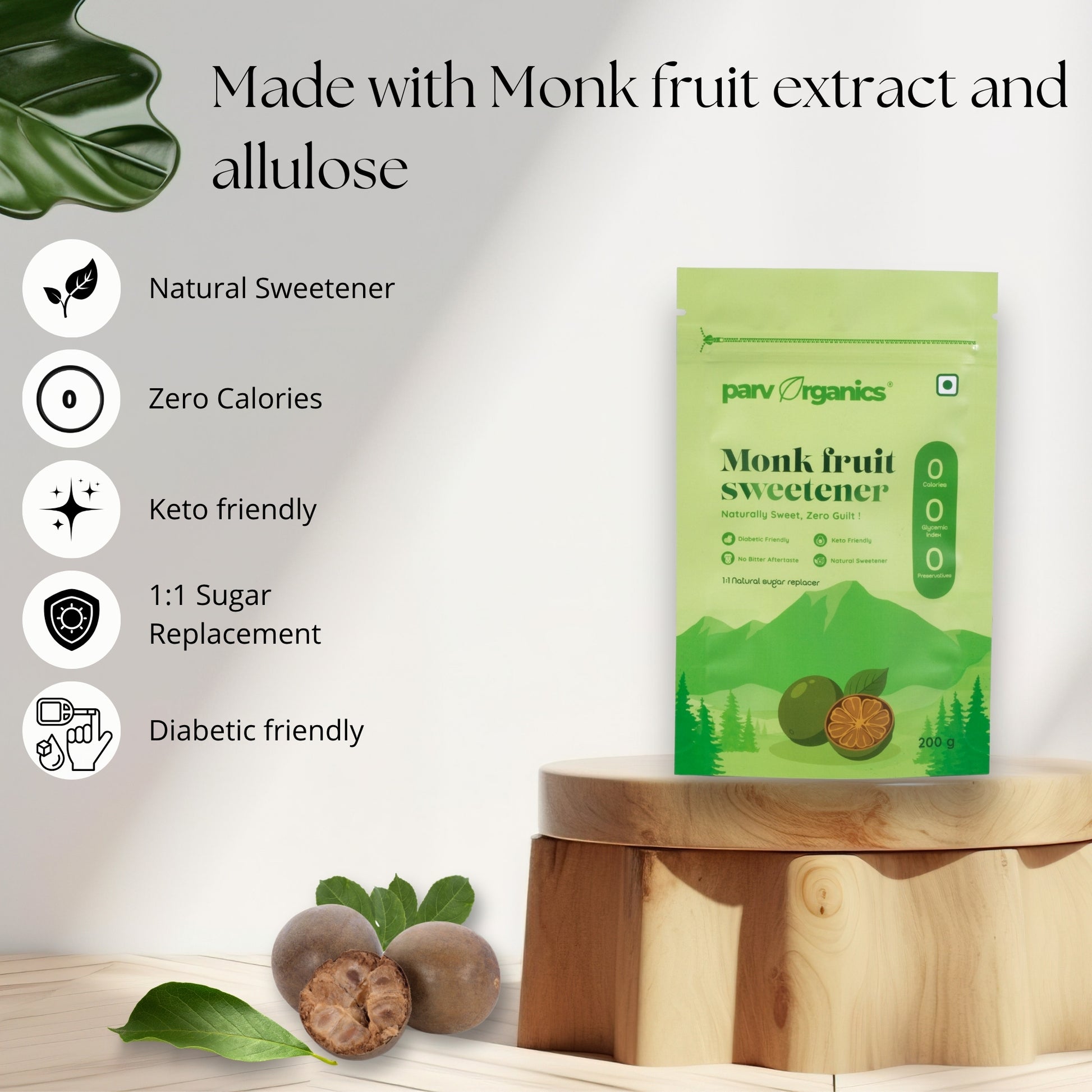 Monk Fruit Allulose Sweetener 200g – No Erythritol | Parv Organics